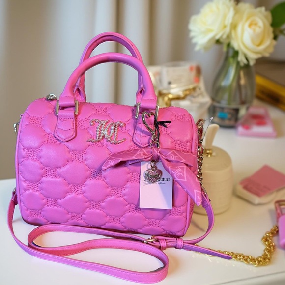 Juicy Couture NWT Vibrant Pink “Tye The Knot”Quilted Large Satchel Bag  (P186) - Picture 1 of 13